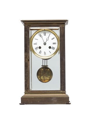 Lot 1278 - A 19TH CENTURY FRENCH BRASS FOUR GLASS MANTEL CLOCK
