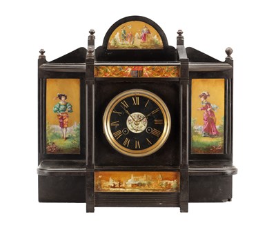 Lot 1275 - AN UNUSUAL 19TH CENTURY FRENCH BLACK MARBLE AND PORCELAIN PANELLED MANTEL CLOCK