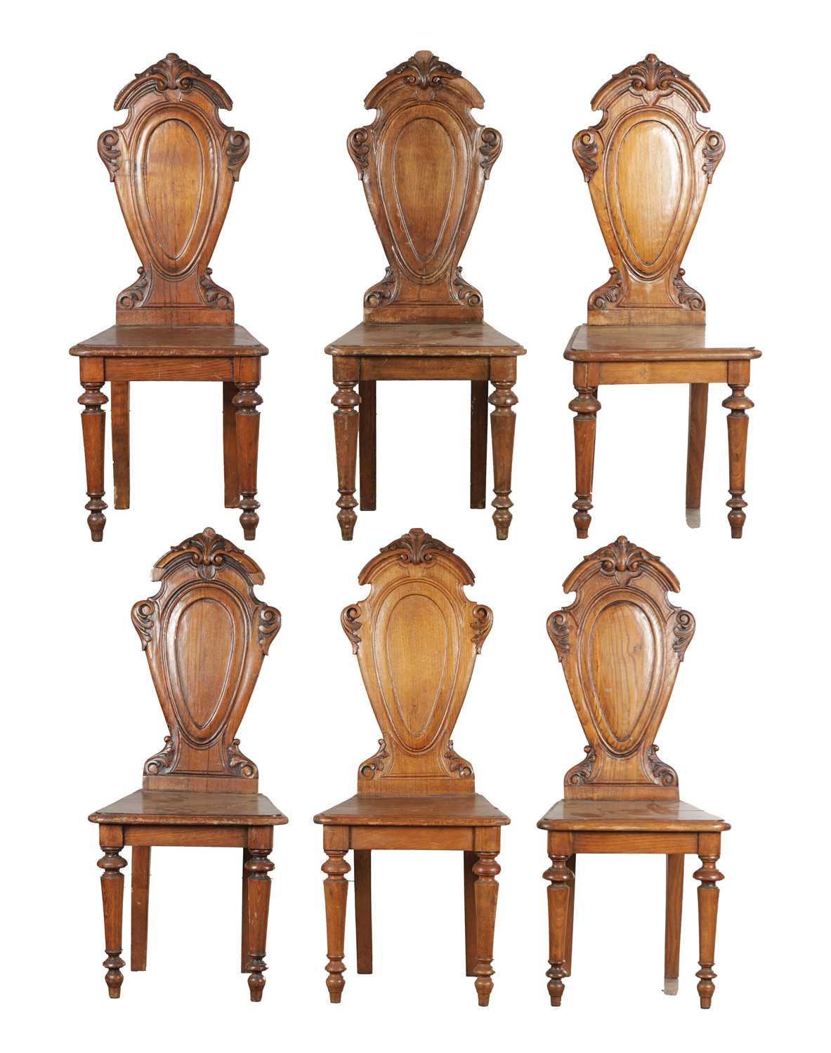 Lot 1570 - A SET OF SIX LATE 19TH CENTURY OAK HALL CHAIRS