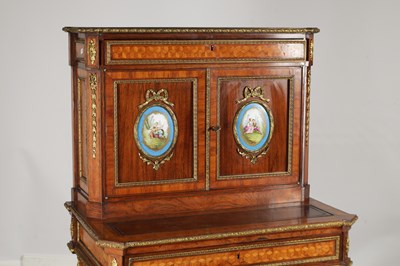 Lot 1495 - A LATE 19TH CENTURY FRENCH KINGWOOD AND PARQUETRY BONHEUR DU JOUR WITH ORMOLU MOUNTS AND SEVRES-STYLE PORCELAIN PLAQUES