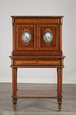 Lot 1495 - A LATE 19TH CENTURY FRENCH KINGWOOD AND PARQUETRY BONHEUR DU JOUR WITH ORMOLU MOUNTS AND SEVRES-STYLE PORCELAIN PLAQUES