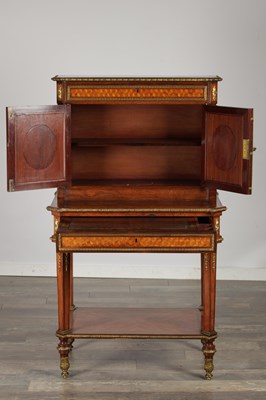 Lot 1495 - A LATE 19TH CENTURY FRENCH KINGWOOD AND PARQUETRY BONHEUR DU JOUR WITH ORMOLU MOUNTS AND SEVRES-STYLE PORCELAIN PLAQUES
