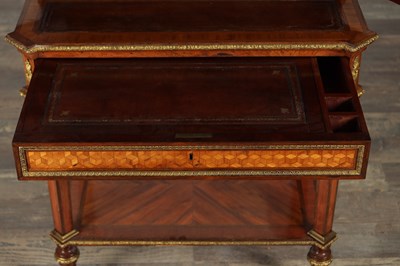 Lot 1495 - A LATE 19TH CENTURY FRENCH KINGWOOD AND PARQUETRY BONHEUR DU JOUR WITH ORMOLU MOUNTS AND SEVRES-STYLE PORCELAIN PLAQUES