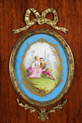 Lot 1495 - A LATE 19TH CENTURY FRENCH KINGWOOD AND PARQUETRY BONHEUR DU JOUR WITH ORMOLU MOUNTS AND SEVRES-STYLE PORCELAIN PLAQUES
