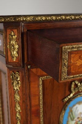 Lot 1495 - A LATE 19TH CENTURY FRENCH KINGWOOD AND PARQUETRY BONHEUR DU JOUR WITH ORMOLU MOUNTS AND SEVRES-STYLE PORCELAIN PLAQUES
