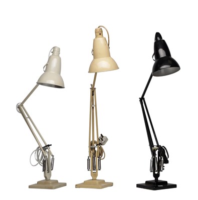 Lot 1090 - THREE MID 20TH CENTURY ENGLISH HERBERT TERRY PAINTED METAL ANGLEPOISE DESK LAMPS