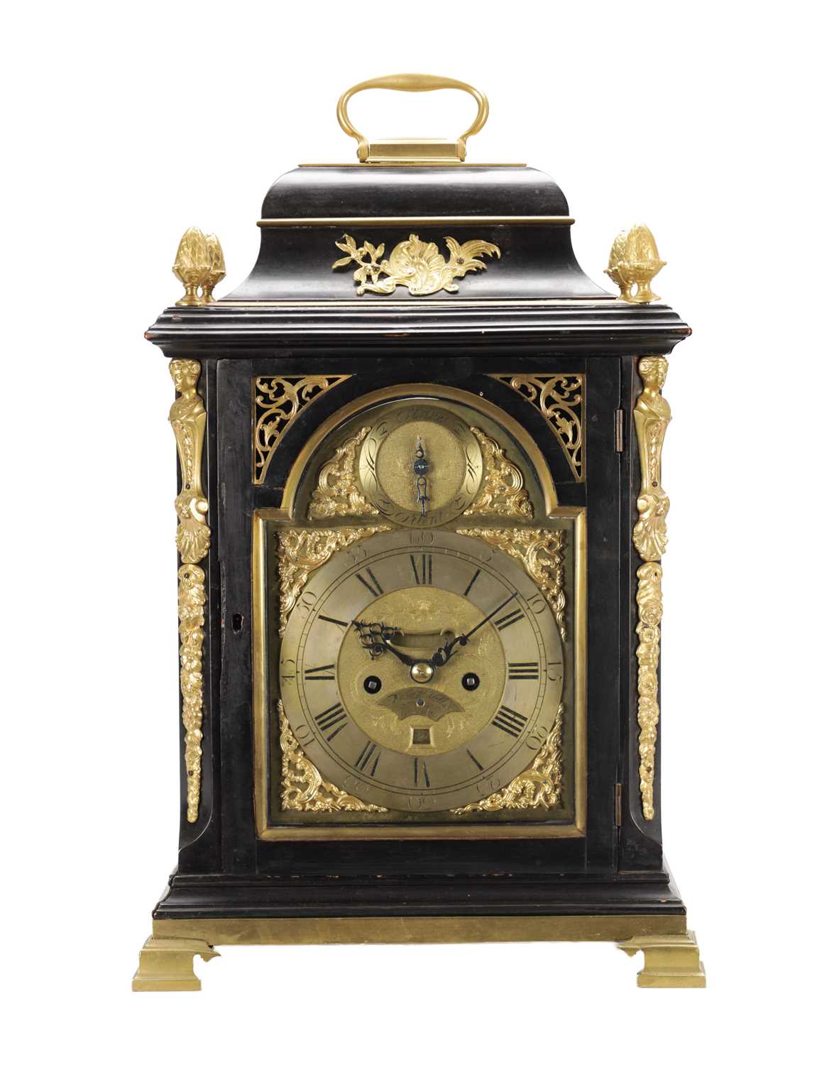 Lot FRANCIS WELLS, LONDON. A GEORGE III ORMOLU MOUNTED EBONISED QUARTER REPEATING BRACKET CLOCK