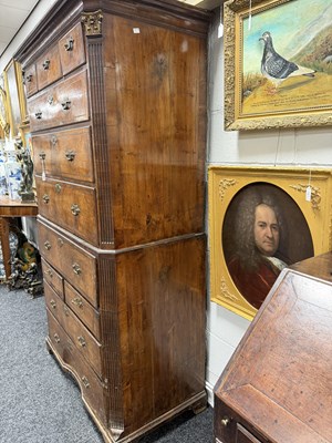 Lot 1688 - A GOOD EARLY 18TH CENTURY FIGURED WALNUT SECRETAIRE CHEST ON CHEST WITH STARBURST INLAID BASE