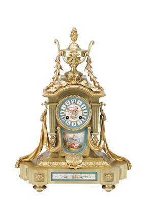 Lot 1346 - A LATE 19TH CENTURY FRENCH GILT BRONZE AND PORCELAIN PANELLED MANTEL CLOCK