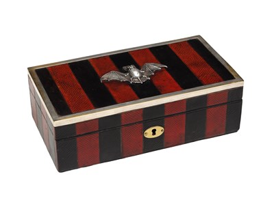 Lot 999 - AN EARLY 20TH CENTURY STRIPED LEATHER CIGAR BOX WITH WHITE METAL BAT MOUNT