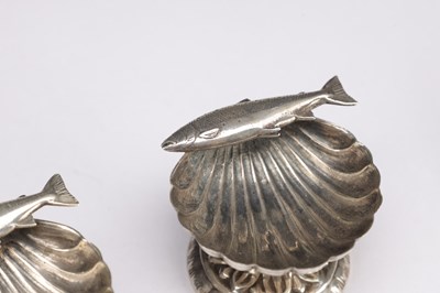 Lot 84 - A PAIR OF 19TH CENTURY SILVER SHELL-FORM SALTS WITH FISH FINIALS