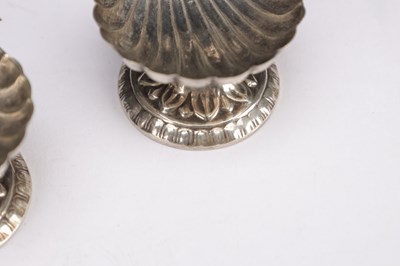 Lot 84 - A PAIR OF 19TH CENTURY SILVER SHELL-FORM SALTS WITH FISH FINIALS
