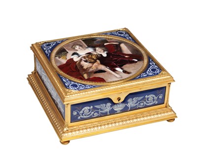 Lot 1061 - A 19TH CENTURY FRENCH ORMOLU MOUNTED ENAMEL PANELLED JEWELLERY CASKET