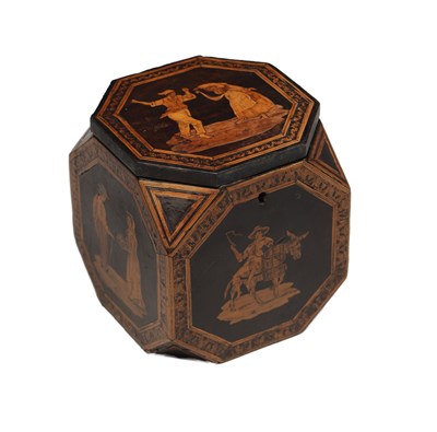 Lot 1378 - A 19TH CENTURY SORRENTO WARE MARQUETRY OCTAGONAL TEA CADDY
