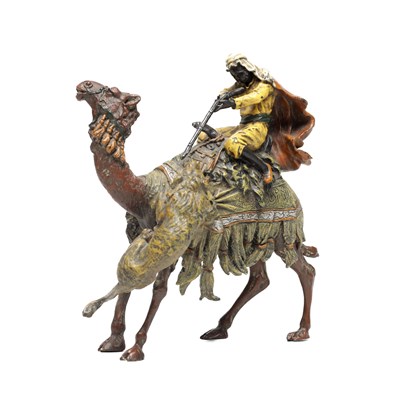 Lot 1118 - A LATE 19TH CENTURY AUSTRIAN COLD PAINTED BRONZE FRANZ BERGMAN STYLE CAMEL AND RIDER GROUP