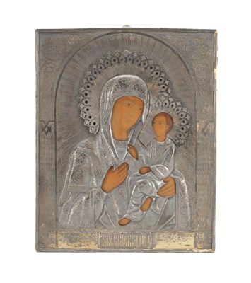 Lot 1072 - A 19TH CENTURY RUSSIAN SILVER MOUNTED ICON OF THE MOTHER OF GOD