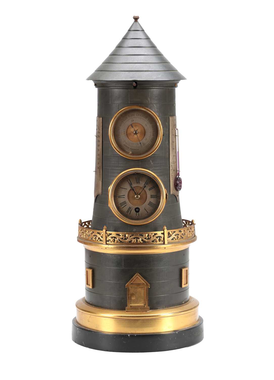 Lot 1279 - A LATE 19TH CENTURY FRENCH BRASS AND PATINATED METAL INDUSTRIAL AUTOMATON WINDMILL CLOCK WITH AN ANEROID BAROMETER