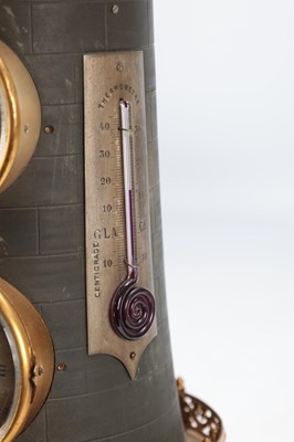 Lot 1279 - A LATE 19TH CENTURY FRENCH BRASS AND PATINATED METAL INDUSTRIAL AUTOMATON WINDMILL CLOCK WITH AN ANEROID BAROMETER