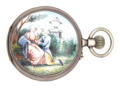 Lot 424 - AN EARLY 20TH CENTURY SWISS ENAMELLED EROTIC OPEN FACE POCKET WATCH