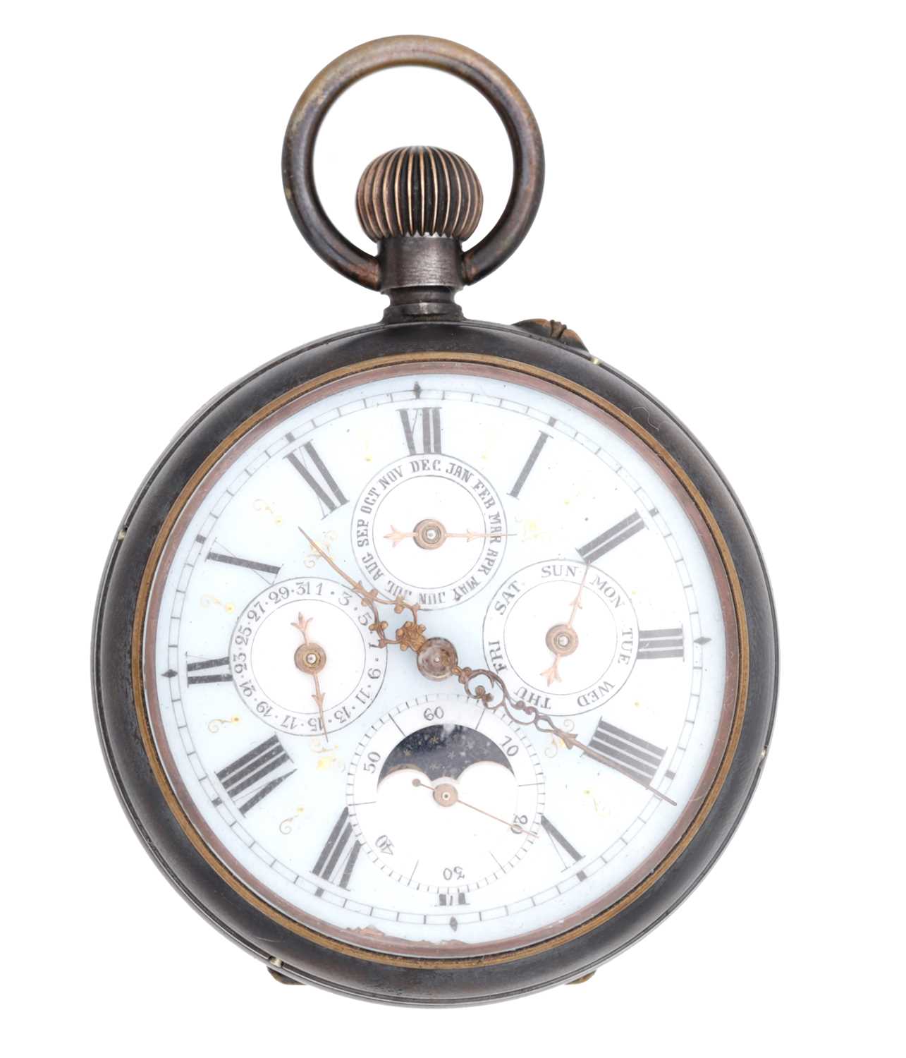 Lot 507 - A LATE 19TH CENTURY GUNMETAL TRIPLE CALENDAR MOONPHASE OPEN FACE POCKET WATCH