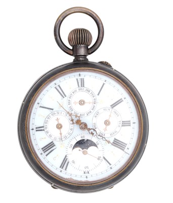 Lot 507 - A LATE 19TH CENTURY GUNMETAL TRIPLE CALENDAR MOONPHASE OPEN FACE POCKET WATCH