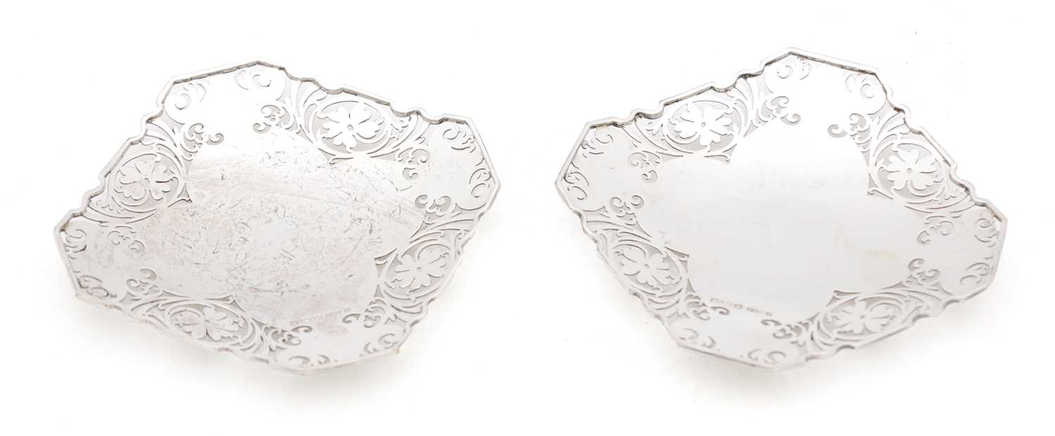 162 - A PAIR OF 1931 SHEFFIELD ENGLISH SILVER PIN TRAYS WITH ENGRAVED SCROLL BORDERS