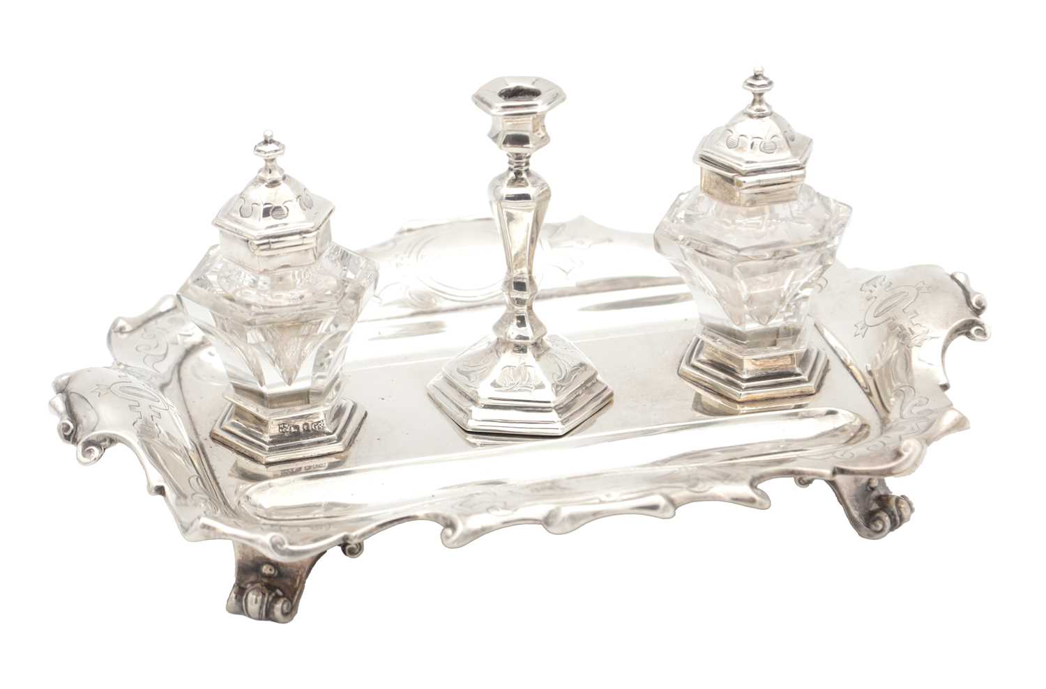 Lot 14 - A VICTORIAN ENGLISH SILVER INK STAND WITH CANDLESTICK