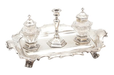 Lot 14 - A VICTORIAN ENGLISH SILVER INK STAND WITH CANDLESTICK