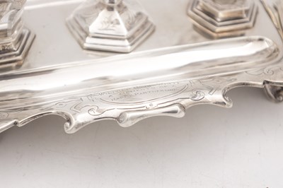 Lot 14 - A VICTORIAN ENGLISH SILVER INK STAND WITH CANDLESTICK