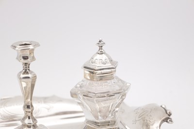 Lot 14 - A VICTORIAN ENGLISH SILVER INK STAND WITH CANDLESTICK