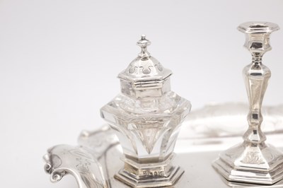 Lot 14 - A VICTORIAN ENGLISH SILVER INK STAND WITH CANDLESTICK