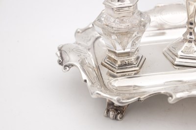 Lot 14 - A VICTORIAN ENGLISH SILVER INK STAND WITH CANDLESTICK