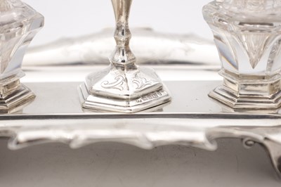 Lot 14 - A VICTORIAN ENGLISH SILVER INK STAND WITH CANDLESTICK