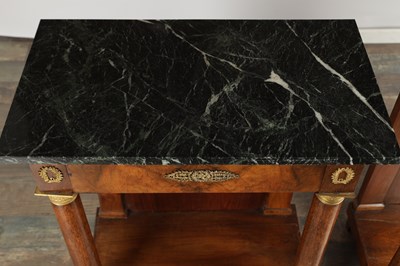 Lot 1489 - A PAIR OF EARLY 19TH CENTURY FRENCH ORMOLU MOUNTED MAHOGANY CONSOLE TABLES