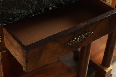 Lot 1489 - A PAIR OF EARLY 19TH CENTURY FRENCH ORMOLU MOUNTED MAHOGANY CONSOLE TABLES