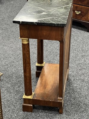 Lot 1489 - A PAIR OF EARLY 19TH CENTURY FRENCH ORMOLU MOUNTED MAHOGANY CONSOLE TABLES