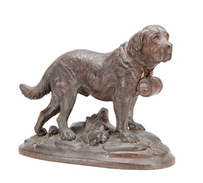 Lot 1367 - A 19TH CENTURY BLACK FOREST CARVED WOOD FIGURE OF A SAINT BERNARD