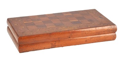 Lot 1387 - A 19TH CENTURY IRISH KILLARNEY WARE MARQUETRY GAMES COMPENDIUM