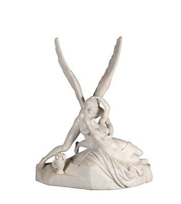 Lot 1041 - AFTER ANTONIO CANOVA A 20TH CENTURY ITALIAN CARRARA MARBLE FIGURAL GROUP PSYCHE REVIVED BY CUPID'S KISS