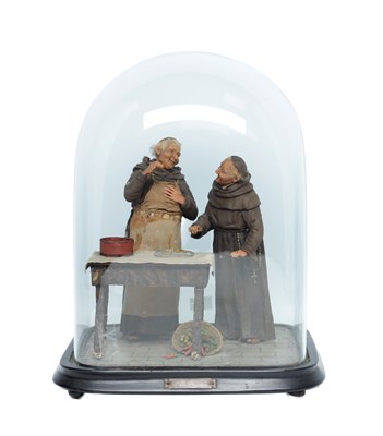 Lot 1110 - A 19TH CENTURY PLASTER FIGURAL GROUP TITLED 'THE FIRST TASTE' UNDER GLASS DOME