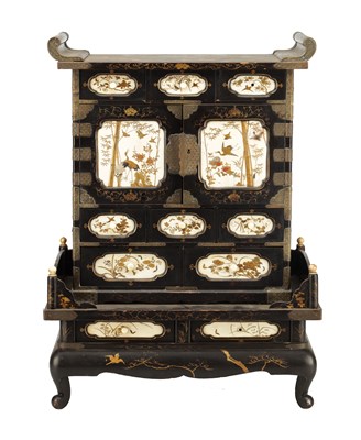 Lot 709 - A GOOD JAPANESE MEIJI PERIOD IVORY INSET LACQUERED COLLECTORS CABINET