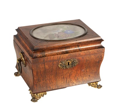 Lot 1424 - A 19TH CENTURY SHAPED ROSEWOOD TEA CADDY WITH INSET WATERCOLOUR PANEL