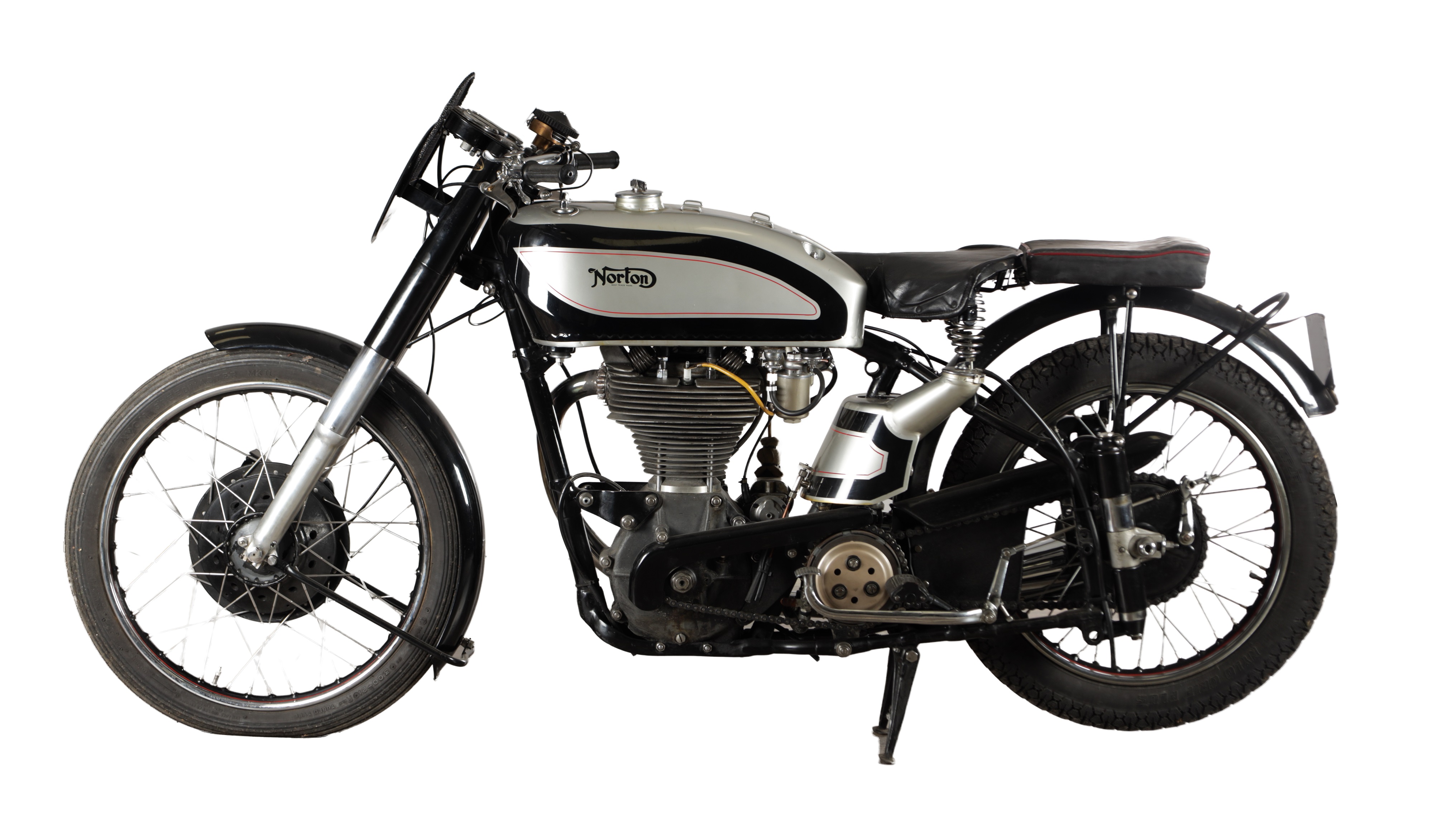 Vintage Norton motorcycle shown in profile