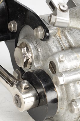 Lot 1479 - A VINTAGE ALUMINIUM MOTORCYCLE GEARBOX WITH HAND CHANGE LEVER AND KICKSTART