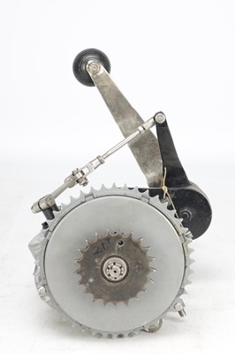 Lot 1479 - A VINTAGE ALUMINIUM MOTORCYCLE GEARBOX WITH HAND CHANGE LEVER AND KICKSTART