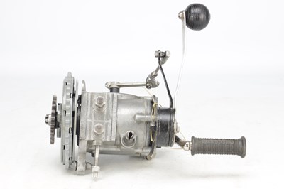 Lot 1479 - A VINTAGE ALUMINIUM MOTORCYCLE GEARBOX WITH HAND CHANGE LEVER AND KICKSTART