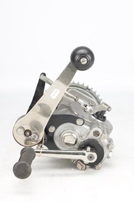 Lot 1479 - A VINTAGE ALUMINIUM MOTORCYCLE GEARBOX WITH HAND CHANGE LEVER AND KICKSTART