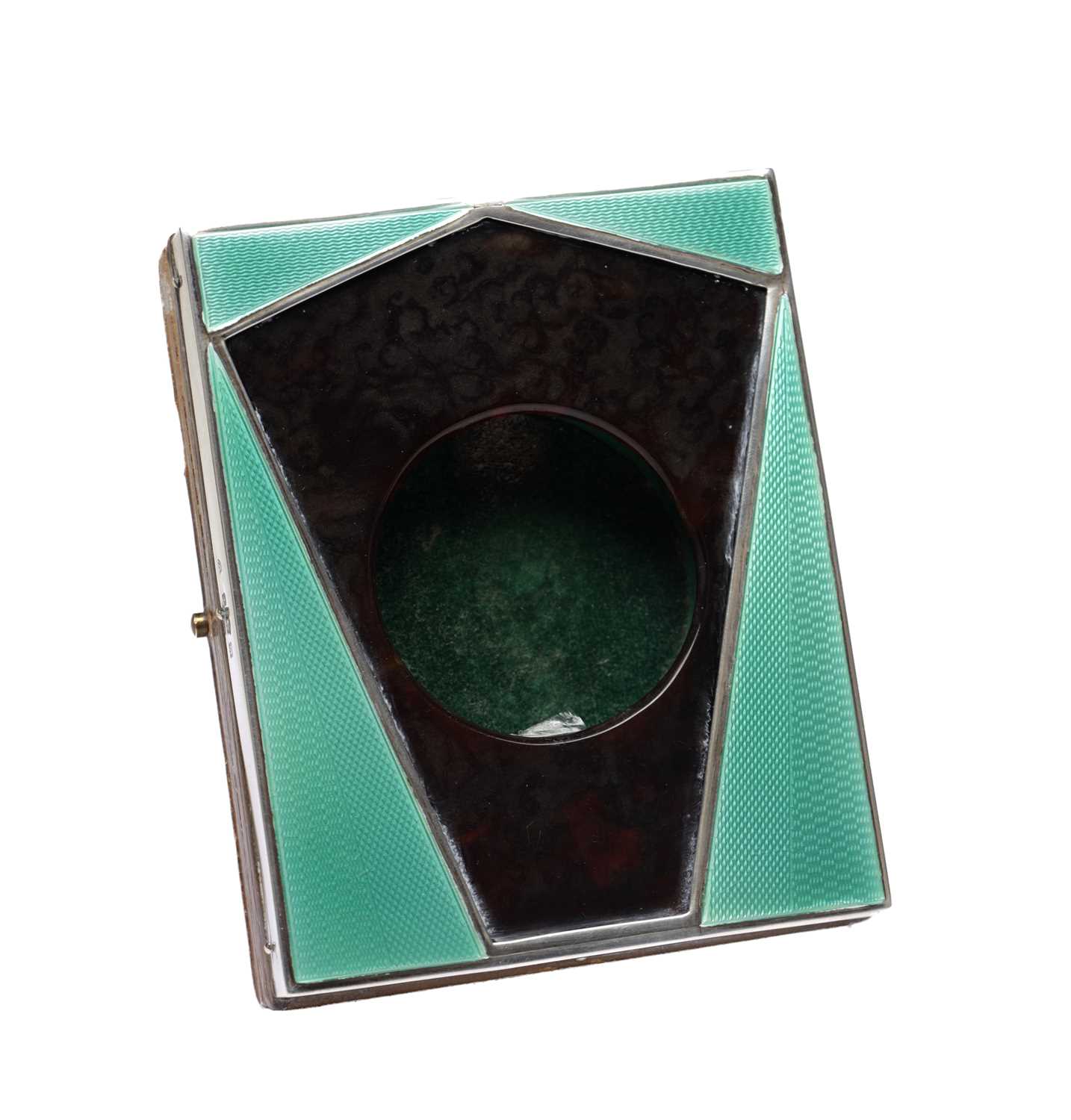 Lot 61 - AN ART DECO ENGLISH SILVER MOUNTED TORTOISESHELL AND GUILLOCHE ENAMEL POCKET WATCH HOLDER