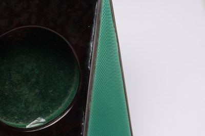 Lot 61 - AN ART DECO ENGLISH SILVER MOUNTED TORTOISESHELL AND GUILLOCHE ENAMEL POCKET WATCH HOLDER
