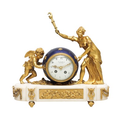 Lot 1302 - A LATE 19TH CENTURY FRENCH FIGURAL ORMOLU AND MARBLE MANTEL CLOCK